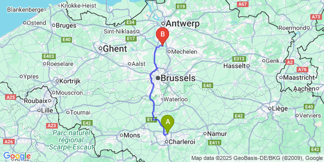 Map: Charleroi Airport Brussels South (CRL) to Heindonk