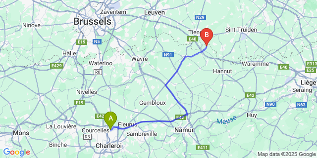 Map: Charleroi Airport Brussels South (CRL) to Helecine