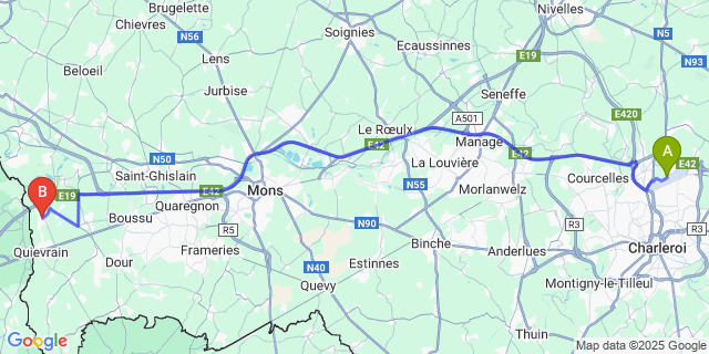 Map: Charleroi Airport Brussels South (CRL) to Hensies