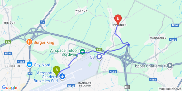 Map: Charleroi Airport Brussels South (CRL) to Heppignies