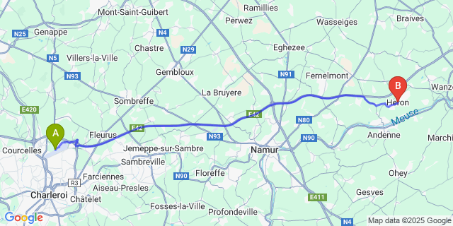 Map: Charleroi Airport Brussels South (CRL) to Héron