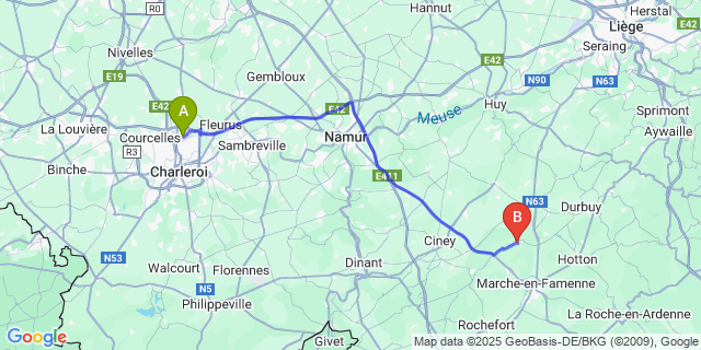 Map: Charleroi Airport Brussels South (CRL) to Heure-en-Famenne