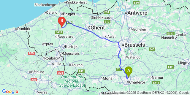Map: Charleroi Airport Brussels South (CRL) to Hille