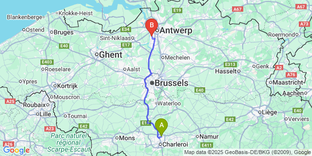 Map: Charleroi Airport Brussels South (CRL) to Hoboken