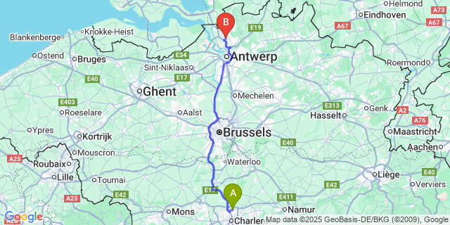 Map: Charleroi Airport Brussels South (CRL) to Hoevenen