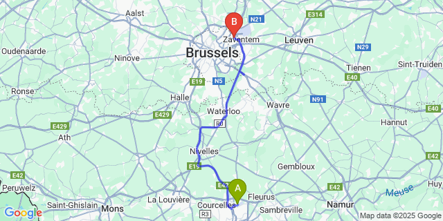 Map: Charleroi Airport Brussels South (CRL) to Holiday Inn Express Brussels Airport, an IHG Hotel