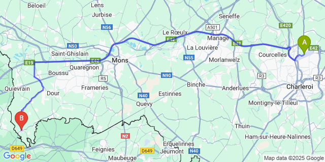 Map: Charleroi Airport Brussels South (CRL) to Honnelles