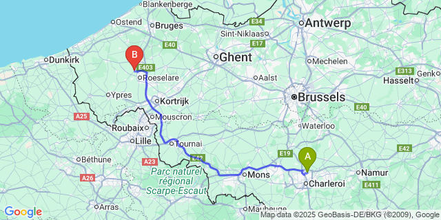 Map: Charleroi Airport Brussels South (CRL) to Hooglede