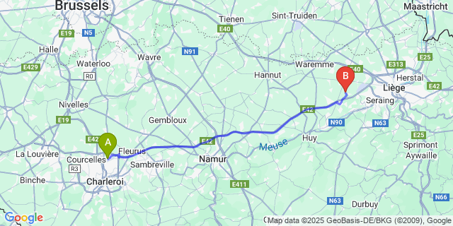 Map: Charleroi Airport Brussels South (CRL) to Horion-Hozémont