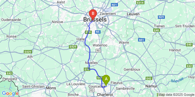 Map: Charleroi Airport Brussels South (CRL) to Hotel Aviation, Brussels