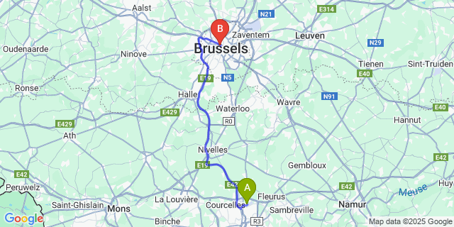 Map: Charleroi Airport Brussels South (CRL) to Hotel Queen Anne, Brussels