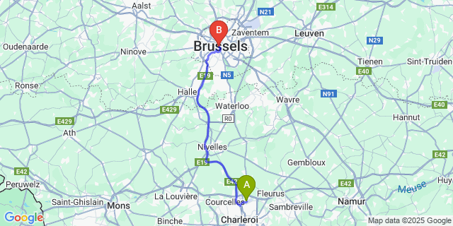 Map: Charleroi Airport Brussels South (CRL) to Hotel Residence Le Quinze, Brussels