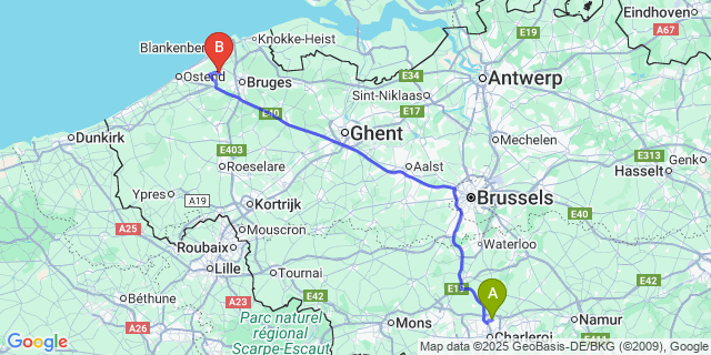 Map: Charleroi Airport Brussels South (CRL) to Houtave