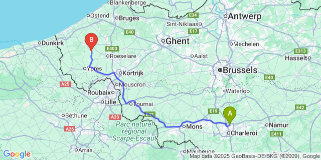 Map: Charleroi Airport Brussels South (CRL) to Houthulst