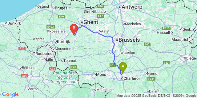 Map: Charleroi Airport Brussels South (CRL) to Huise