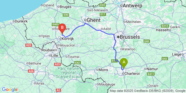 Map: Charleroi Airport Brussels South (CRL) to Hulste