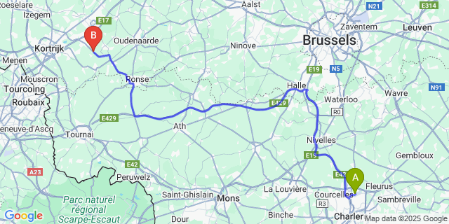 Map: Charleroi Airport Brussels South (CRL) to Ingooigem