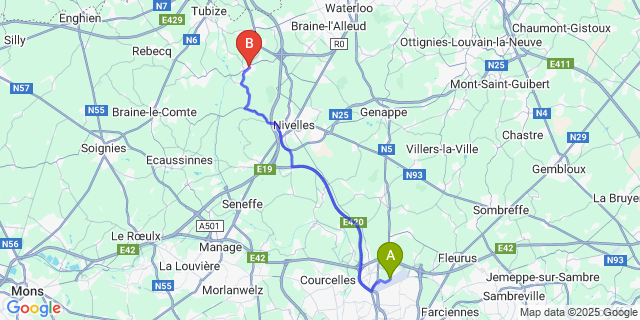 Map: Charleroi Airport Brussels South (CRL) to Ittre