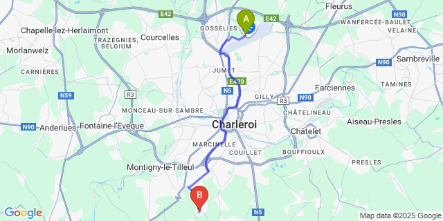 Map: Charleroi Airport Brussels South (CRL) to Jamioulx