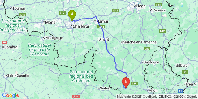 Map: Charleroi Airport Brussels South (CRL) to Jamoigne