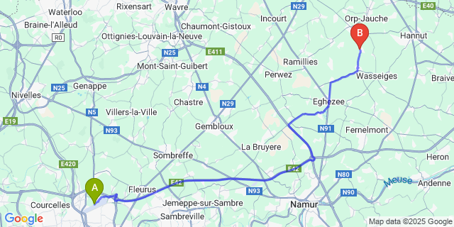 Map: Charleroi Airport Brussels South (CRL) to Jandrain-Jandrenouille