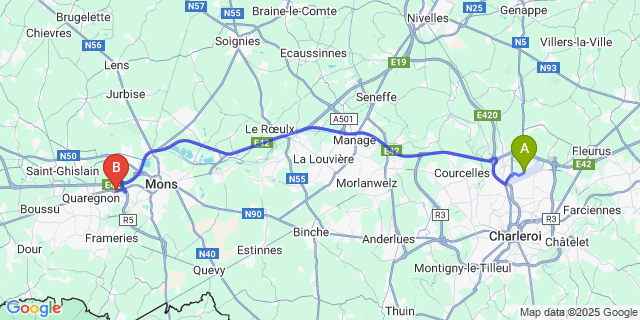 Map: Charleroi Airport Brussels South (CRL) to Jemappes