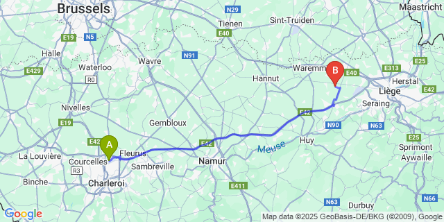 Map: Charleroi Airport Brussels South (CRL) to Jeneffe