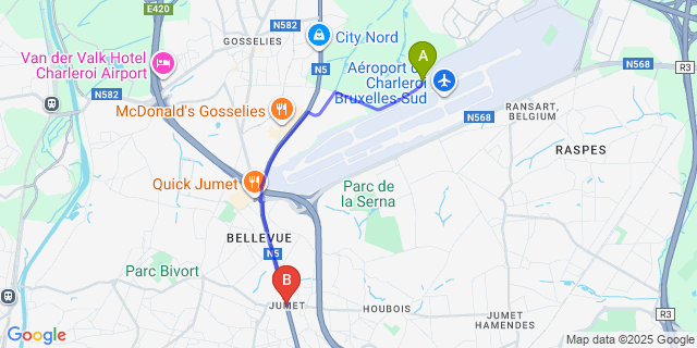 Map: Charleroi Airport Brussels South (CRL) to Jumet