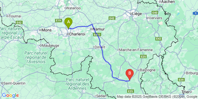 Map: Charleroi Airport Brussels South (CRL) to Juseret