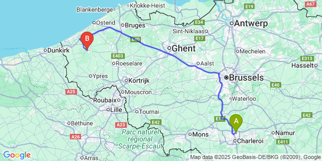 Map: Charleroi Airport Brussels South (CRL) to Kaaskerke