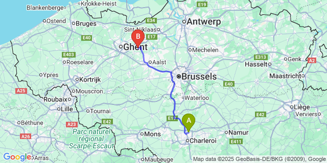Map: Charleroi Airport Brussels South (CRL) to Kalken
