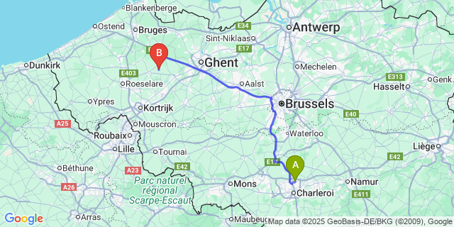 Map: Charleroi Airport Brussels South (CRL) to Kanegem