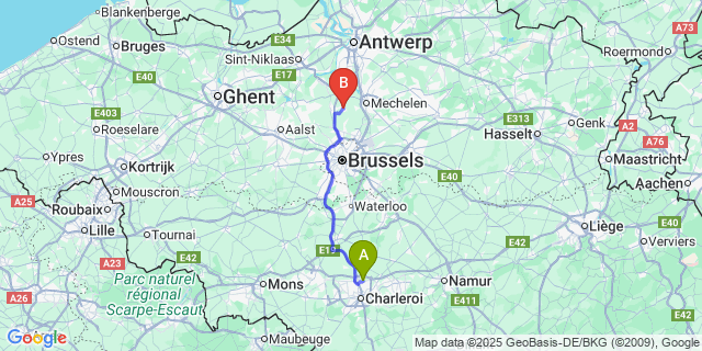 Map: Charleroi Airport Brussels South (CRL) to Kapelle-op-den-Bos