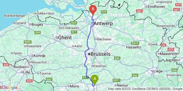 Map: Charleroi Airport Brussels South (CRL) to Kapellen