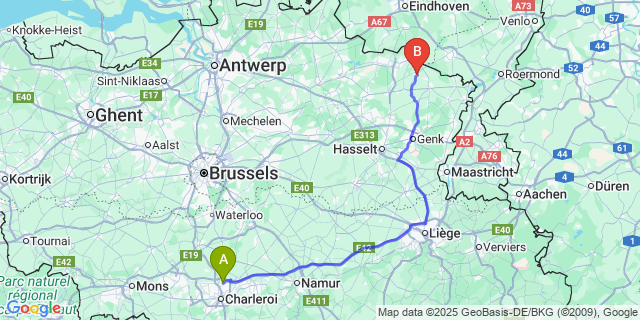 Map: Charleroi Airport Brussels South (CRL) to Kaulille