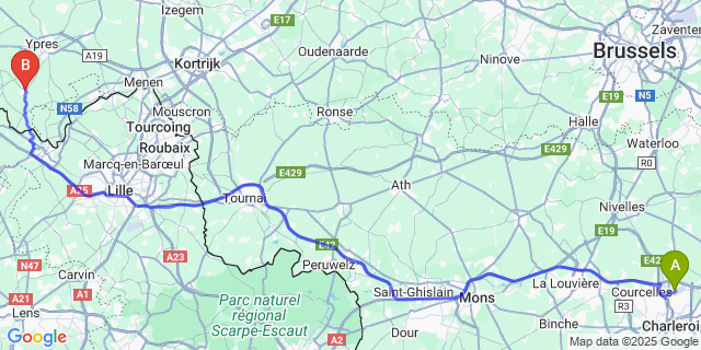 Map: Charleroi Airport Brussels South (CRL) to Kemmel