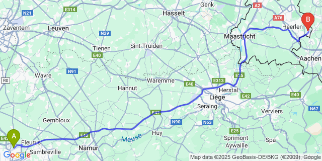 Map: Charleroi Airport Brussels South (CRL) to Kerkrade