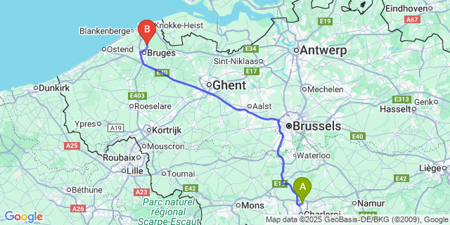 Map: Charleroi Airport Brussels South (CRL) to Koolkerke