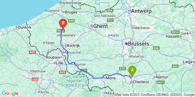 Map: Charleroi Airport Brussels South (CRL) to Koolskamp
