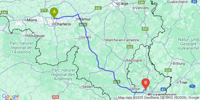 Map: Charleroi Airport Brussels South (CRL) to Kopstal