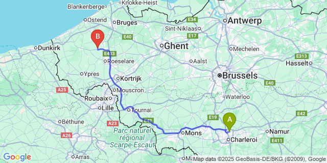 Map: Charleroi Airport Brussels South (CRL) to Kortemark