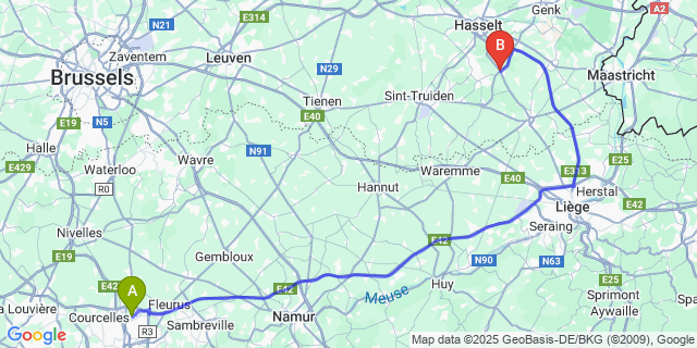 Map: Charleroi Airport Brussels South (CRL) to Kortessem