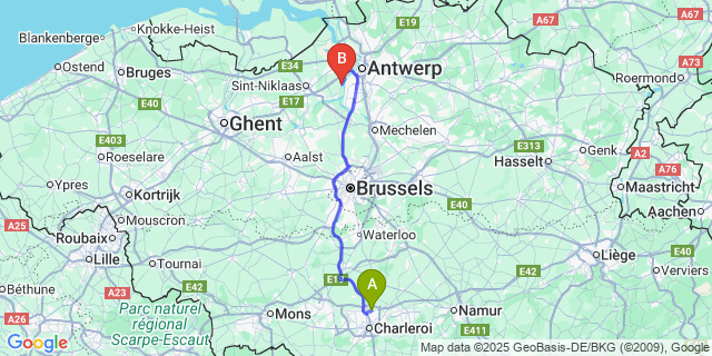 Map: Charleroi Airport Brussels South (CRL) to Kruibeke