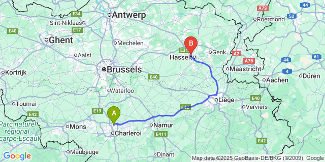 Map: Charleroi Airport Brussels South (CRL) to Kuringen