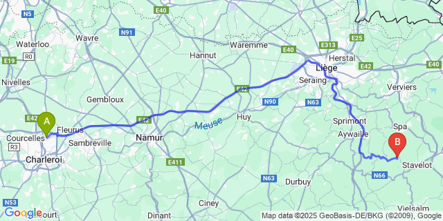 Map: Charleroi Airport Brussels South (CRL) to La Gleize