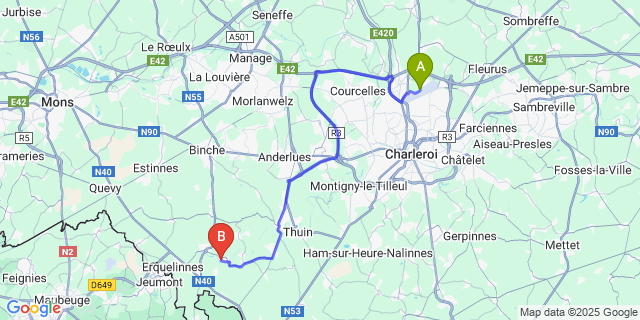 Map: Charleroi Airport Brussels South (CRL) to Labuissiere