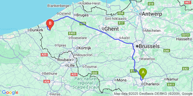 Map: Charleroi Airport Brussels South (CRL) to Lampernisse