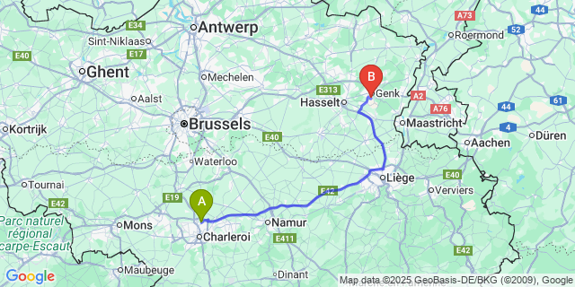 Map: Charleroi Airport Brussels South (CRL) to Langerlo