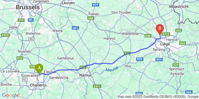 Map: Charleroi Airport Brussels South (CRL) to Lantin