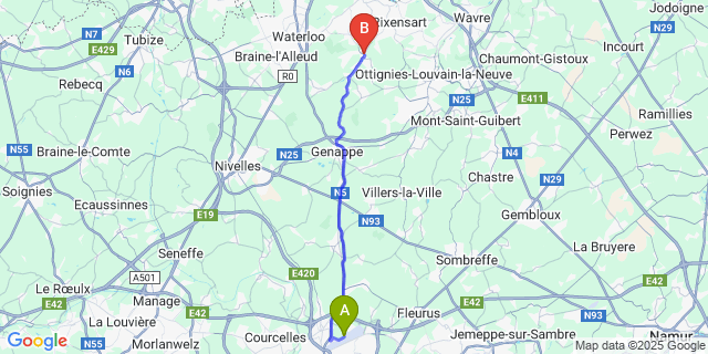 Map: Charleroi Airport Brussels South (CRL) to Lasne